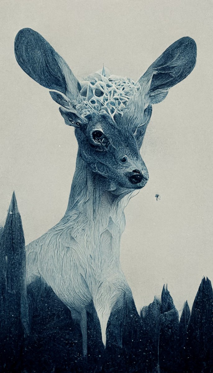 `White tailed deer, trending on artstation, black and white, gothic horror, detail oriented artistry, intricate detailing by Beeple` + `Quartz-grey and cerulean tinycore risograph print`