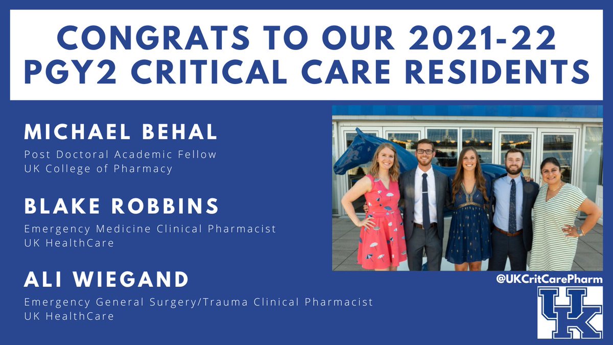 UK ICU Pharmacy (@ukcritcarepharm) on Twitter photo Congrats to the latest CCR <a href="/UKPharmRes/">UK Pharmacy Residency</a> graduates! Good luck in your new roles!
💥 <a href="/MLB_PharmD/">Michael Behal</a>: academic fellow <a href="/UK_COP/">University of Kentucky College of Pharmacy</a>
💥 <a href="/brobbinspharmd/">Blake Robbins</a>: EM clinical pharmacist <a href="/UKHC_Pharmacy/">UK HealthCare Pharmacy Services</a>
💥 <a href="/AliW_PharmD/">Ali Wiegand</a>: trauma/EGS clinical pharmacist <a href="/UKHC_Pharmacy/">UK HealthCare Pharmacy Services</a>
We are so proud of you! #TwitteRx Congrats to the latest CCR <a href="/UKPharmRes/">UK Pharmacy Residency</a> graduates! Good luck in your new roles!
💥 <a href="/MLB_PharmD/">Michael Behal</a>: academic fellow <a href="/UK_COP/">University of Kentucky College of Pharmacy</a>
💥 <a href="/brobbinspharmd/">Blake Robbins</a>: EM clinical pharmacist <a href="/UKHC_Pharmacy/">UK HealthCare Pharmacy Services</a>
💥 <a href="/AliW_PharmD/">Ali Wiegand</a>: trauma/EGS clinical pharmacist <a href="/UKHC_Pharmacy/">UK HealthCare Pharmacy Services</a>
We are so proud of you! #TwitteRx