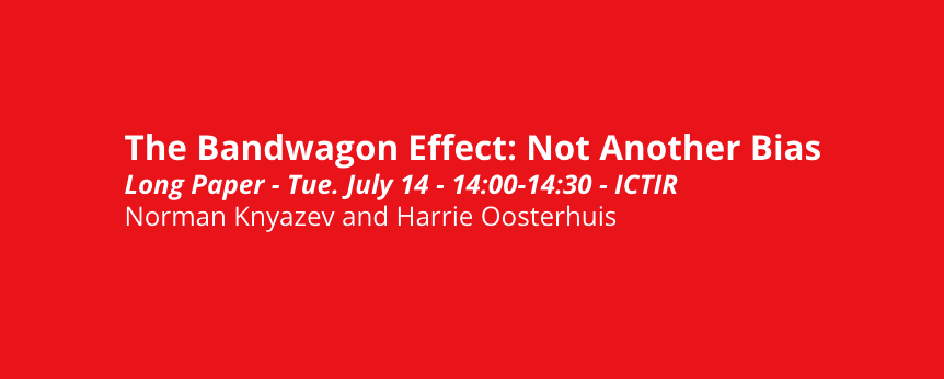 informagus's tweet photo. @NormanKnyazev will present the #ICTIR2022 paper:
The Bandwagon Effect: Not Another Bias
at 14:00-14:30 at ICTIR (co-located conference, separate ticket required) on Tuesday.
Herding, is it a bias or a consistency problem?🧠
PDF: https://t.co/W9iAkqkz1f
6/9👇🧵#SIGIR2022 https://t.co/txXPbhzJ3a