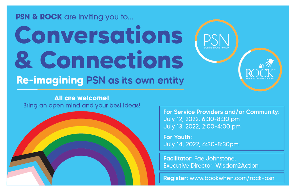 Let’s re-imagine PSN as its own entity! There are 3 focus groups to choose from &amp; ALL are welcome to join. Bring an open mind &amp; your best ideas!

Our goal is to work with YOU to envision affirming environments for 2SLGBTQ+ youth &amp; adults!

Register at ow.ly/fcL450JIAWL