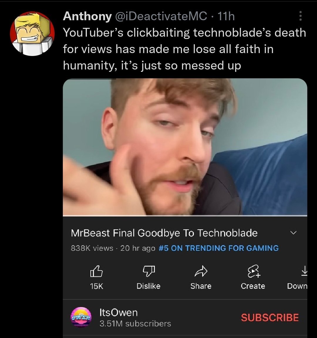 terminates channel for click-baiting Technoblade's death