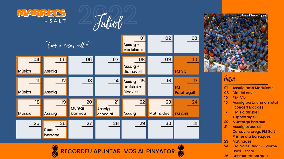 Marrecs's tweet image. Juliol. Apreta la calor i nosaltres apretem l'accelerador per les grans diades que ens venen! Vic, Palafrugell i la nostra Festa Major, la #FMSalt! Gassss! ✊🏻

#juliolmarrec #AmbTuMés #castellers