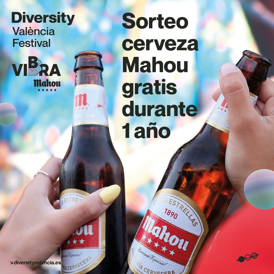 #SORTEO 🍻 ¡Desde <a href="/VibraMahou/">Vibra Mahou</a> la plataforma de música de Mahou Cinco Estrellas, y <a href="/DiversityVlc/">Diversity València Festival</a>, el festival más diverso 🌈 queremos celebrar contigo a lo grande este encuentro REGALÁNDOTE CERVEZA para TODO UN AÑO!

👉🏻 ¡Pásate por nuestra cuenta de Instagram y PARTICIPA!🍀