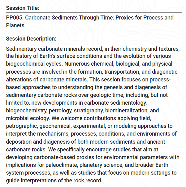 Mo_S_Hashim's tweet photo. If you carbonate (yes that's a verb!), consider submitting an abstract to our AGU session "Carbonate Sediments Through Time..." This is the same famous and successful session that has been chaired by @lizzy_t, @presentt, Kristin Bergmann, and Leye Odeboye but under new management https://t.co/8v3h7rygnd