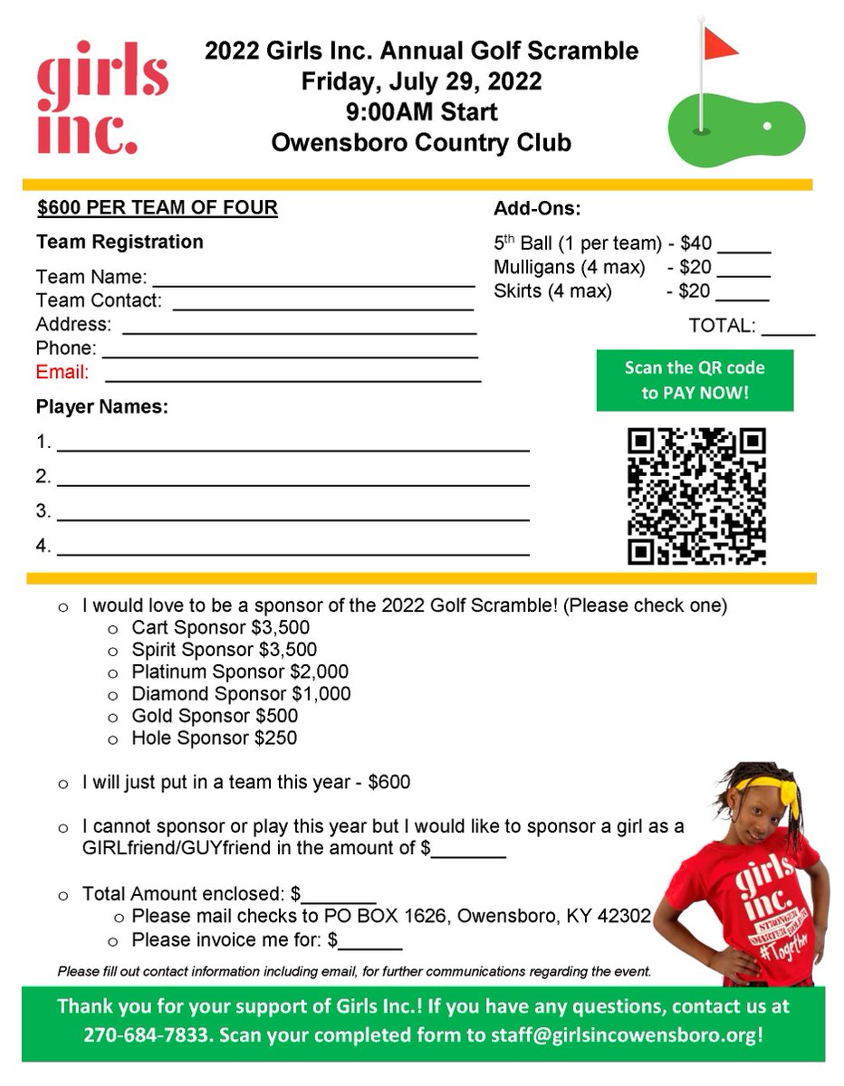 Girls Inc. of Owensboro Daviess Co. (@girlsincoboro) on Twitter photo We still have team spots and sponsorships available. Email staff@girlsincowensboro.org or call 270-684-7833. We still have team spots and sponsorships available. Email staff@girlsincowensboro.org or call 270-684-7833.
