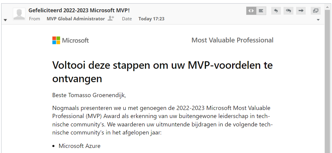 Just received an email from #Microsoft that I have become #Azure #MVP for the 9th time! I'm deeply honored and humble to receive this awesome award! Thanks Microsoft!
#MVPbuzz