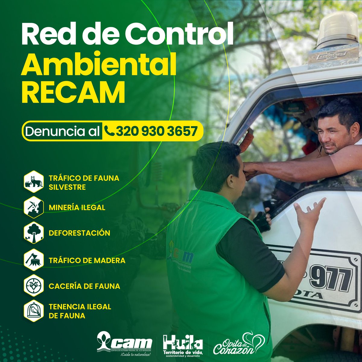 CAMHUILA's tweet photo. 📲 Queremos informarles que habilitamos la línea telefónica 📞320 930 3657 de la Red de Control Ambiental #RECAM para atender denuncias sobre delitos ambientales o afectaciones a nuestros recursos naturales. https://t.co/Jt4QEv9IP6