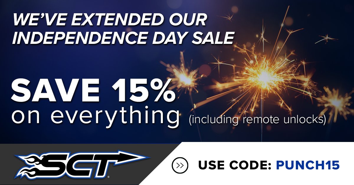 SCT Performance (@sctperformance) on Twitter photo Our independence didn't end, and neither did our sale!!!!  From today through July 10th receive 15% off EVERYTHING on sctflash.com with promo code PUNCH15.  Continue to enjoy your freedom and the open road with SCT!!! Our independence didn't end, and neither did our sale!!!!  From today through July 10th receive 15% off EVERYTHING on sctflash.com with promo code PUNCH15.  Continue to enjoy your freedom and the open road with SCT!!!