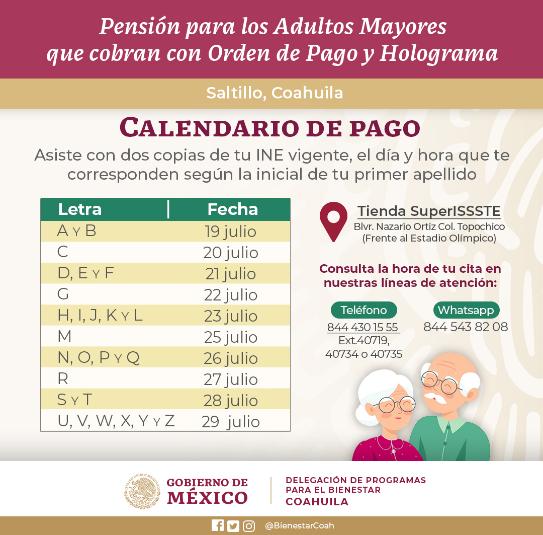 📌Estas son las fechas de pago de las #PensionesBienestar en la cuidad de #Saltillo #Coahuila 👇