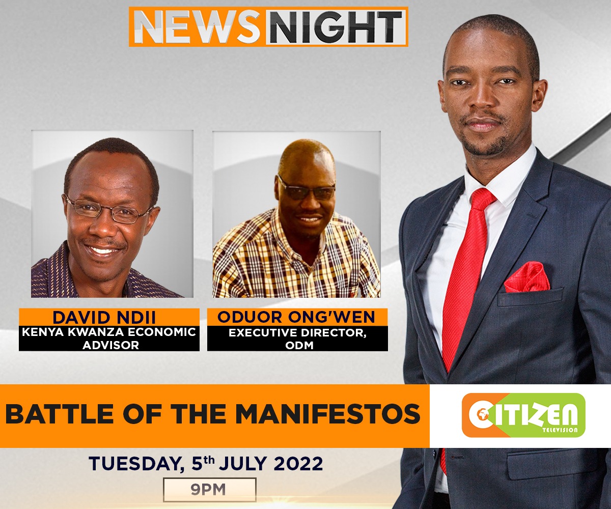 Citizen TV Kenya (@citizentvkenya) on Twitter photo The manifestos are out, but their substance depends on who you talk to. Tonight we dissect the Raila Odinga & William Ruto blueprints with UDA’s David Ndii & ODM's Oduor Ong'wen on NewsNight w/ <a href="/WaihigaMwaura/">Waihiga Mwaura</a> at 9pm The manifestos are out, but their substance depends on who you talk to. Tonight we dissect the Raila Odinga & William Ruto blueprints with UDA’s David Ndii & ODM's Oduor Ong'wen on NewsNight w/ <a href="/WaihigaMwaura/">Waihiga Mwaura</a> at 9pm