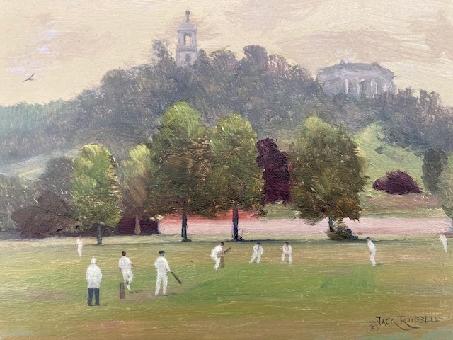 jackrussellart's tweet image. `small sketch done of the annual match @shsoclondon v PG Wodehouse Society @_What_Ho "Gold bats" @westwycombecc last month On with larger version Watch out for the guy in red braces and green hat plus there's a resident red kite that features! #SherlockHolmes #cricket #painting