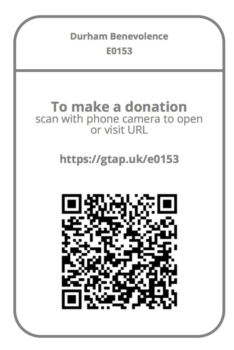 Whilst most donations to Durham Benevolence are made collectively by our Lodges and Chapters, it is also possible to make a personal donation, should you so wish.

To make it really easy, you can do so by scanning the attached QR code, or link.

gtap.uk/e0153