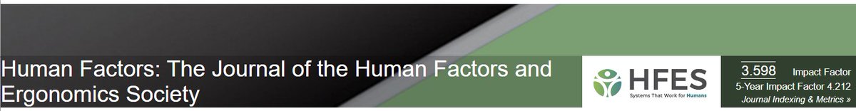@HFES_HFJournal The 2021 two year impact factor for Human Factors increased from 2.888 to 3.598.
