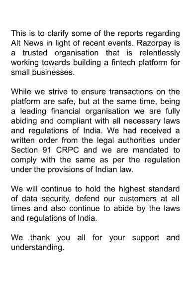 Razorpay's tweet photo. Our statement regarding Alt News https://t.co/ckzL0PfGry