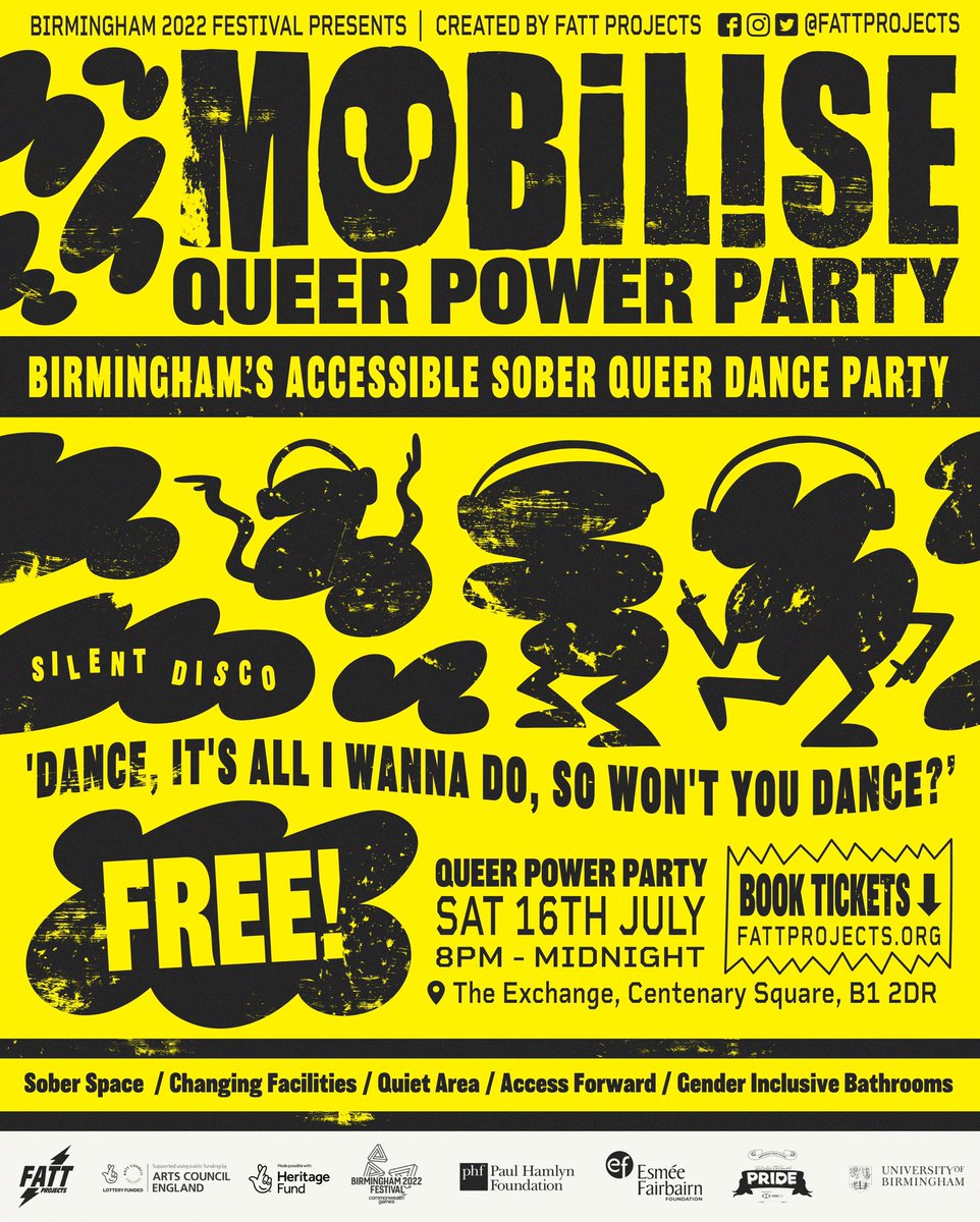 FattProjects's tweet photo. BIRMINGHAM’S ACCESSIBLE SOBER QUEER DANCE PARTY IS BACK! 

Join us for the next MOBILISE on Sat 16 July | 8pm - Midnight 

⚡️FREE EVENT 
⚡️step free
⚡️BSL interpreter
⚡️TRAVEL FUND available for transport costs 

@birminghamcg22 

More info &amp; tickets here:
https://t.co/tERMyNHBO7 https://t.co/TifIoX2INb