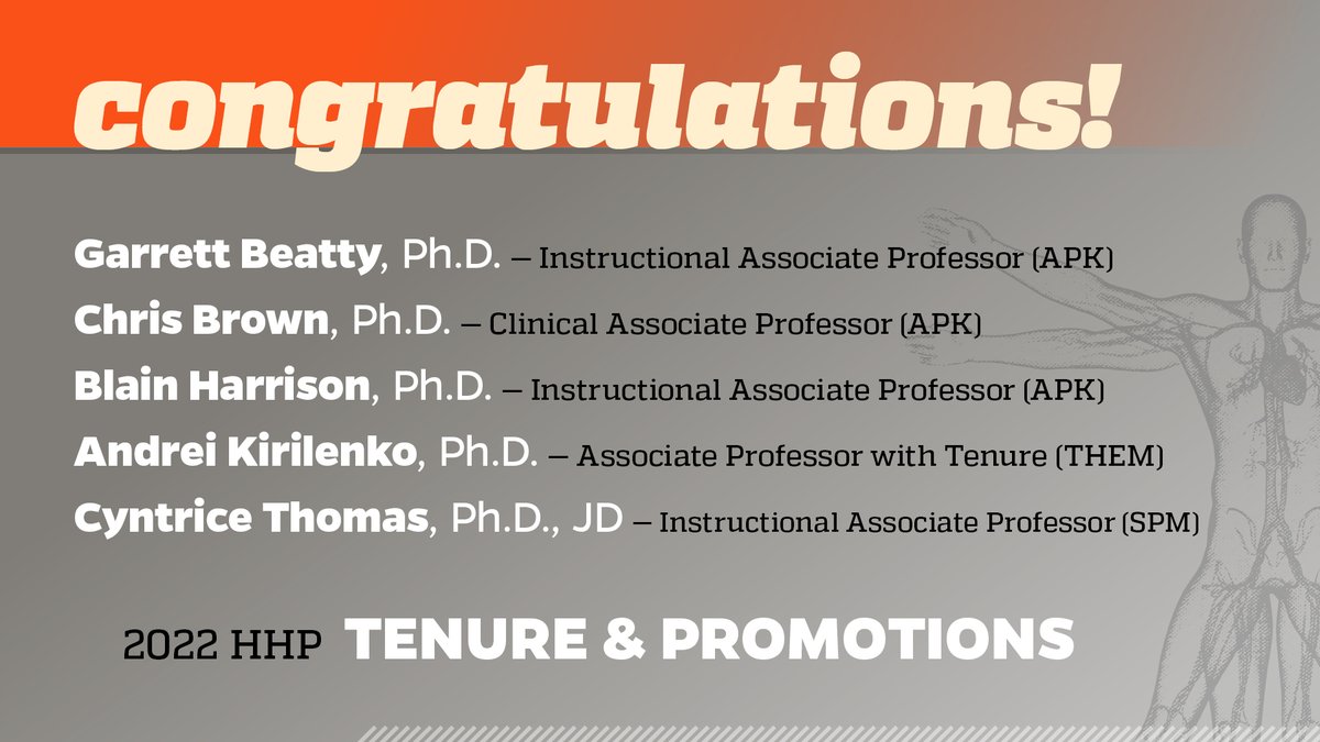 It’s official: Congratulations on promotions or tenure to Garrett Beatty, Ph.D., Chris Brown, Ph.D., Blain Harrison, Ph.D., Andrei Kirilenko, Ph.D., and Cyntrice Thomas, Ph.D., JD. 
Full details: hhp.ufl.edu/articles/2022/… 
#GoGators #Congrats