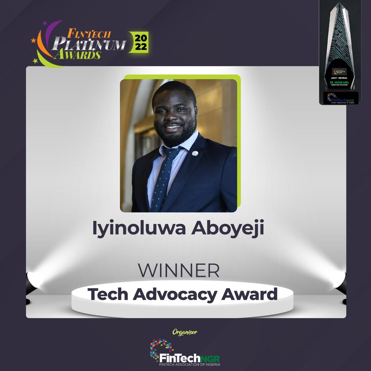 fintechngr's tweet photo. Congratulations to the winner of the #FintechPlatinum Tech Advocacy Award, @iaboyeji
#FintechPlatinumAwards22
#FPA22 https://t.co/9enMcbZc0V