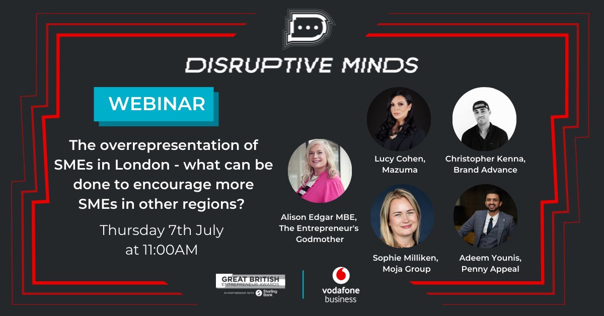 Buttercrumble's tweet photo. Is there an overrepresentation of SMEs in London? What can be done to shed more light on SMEs elsewhere? ๐ก #DisruptiveMinds discuss! Tune in, it's soon! ๐ฑ
https://t.co/pSNP13d3iL
Hosted by: @VodafoneUKBiz and @EntrepreneursGB https://t.co/ryFp3oCdWc