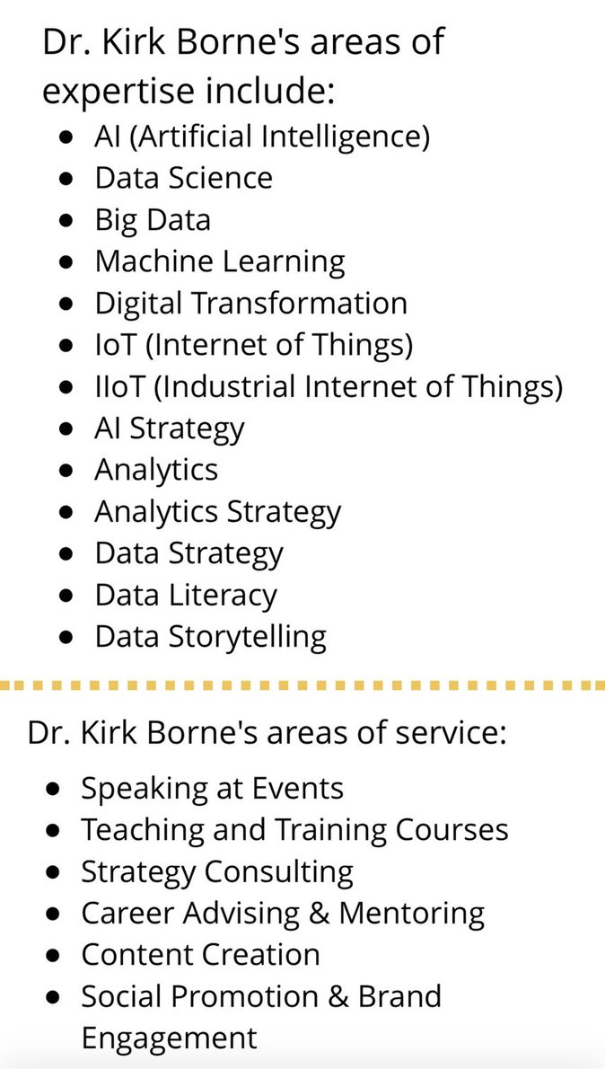 Speaking Requests for me? Go to
1) letsengage.com/talent/kirk-bo…
2) bigspeak.com/speakers/kirk-…
3) chartwellspeakers.com/speaker/kirk-b…
↓↓
Topics: #AI #DataScience #BigData #MachineLearning #Analytics #DigitalTransformation #IoT #AIstrategy #AnalyticsStrategy #DataStrategy #DataLiteracy #EmergingTech