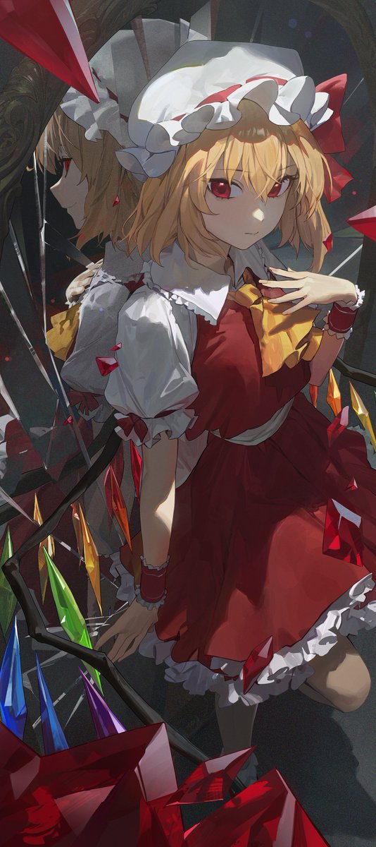 flandre scarlet hat mob cap red eyes crystal blonde hair ascot yellow ascot  illustration images