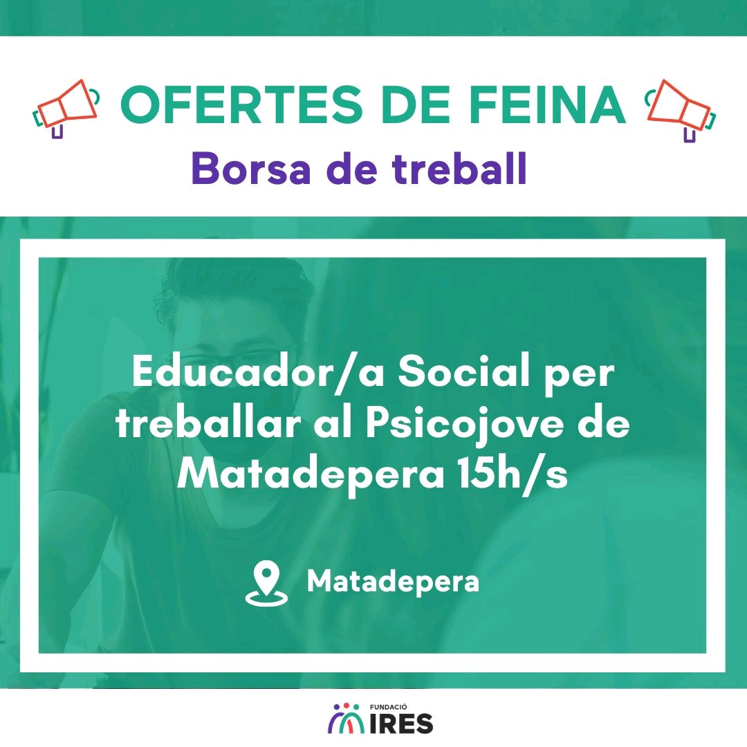 fundacioires's tweet photo. 📢OFERTA DE #FEINA📢 URGENT! 
Tenim dues ofertes actives a #Sabadell i #Matadepera. Si creus que encaixes amb alguna d'aquestes dues places envia'ns el teu CV a: https://t.co/t74sFLjlpw https://t.co/tEgQXP2FUC