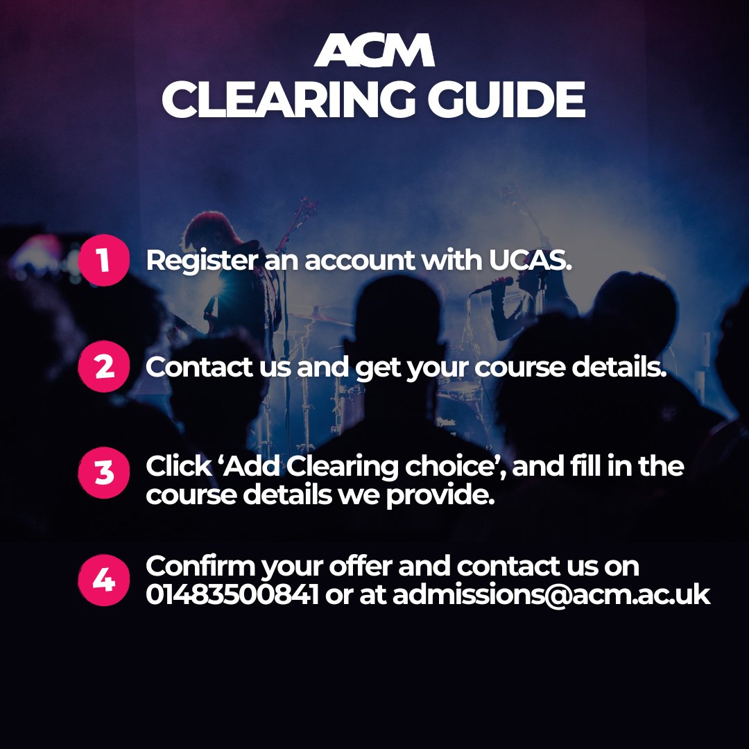 acm_uk's tweet photo. 🎵UCAS Clearing 2022 is now open!🎵 

👉Swipe to see our step by step guide to apply to ACM through clearing!

🔗Head to the link in our bio to learn more and apply today!

⭐Any questions?
📞Call 01483 500 841
✉️Email admissions@acm.ac.uk

#ACMuk #ThisIsACM #UCAS #UCASclearing https://t.co/oBtJvchVv9
