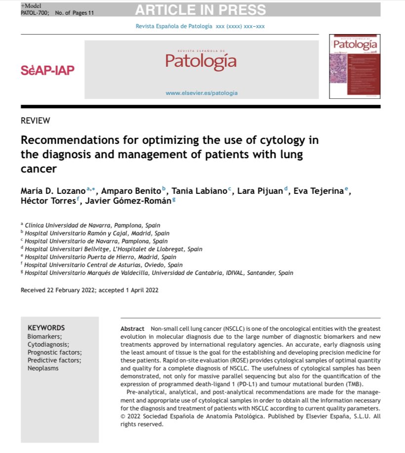 🔈😀🙃Finally out! “Recommendations for optimizing the use of #cytology in the diagnosis and management of patients with lung cancer” 💉🫁🔬

Proud to be part of the team leaded by <a href="/mdlozanoe/">Lola Lozano</a> and <a href="/JavierGomezRom/">Javier Gomez MD, PhD</a> 
🙏🏼You are welcome to download and share: authors.elsevier.com/c/1fISp62Wbmif…