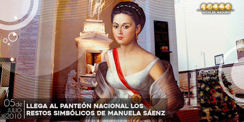 Los restos simbólicos de Manuela Sáenz, la Libertadora del Libertador, llegaron a Venezuela hace 12 años para reposar en el Panteón Nacional. Una iniciativa del Cmdte. Chávez, que reconoce en la Generala de la Patria Grande, su amor por la Libertad de los pueblos. ¡Manuela Vive!