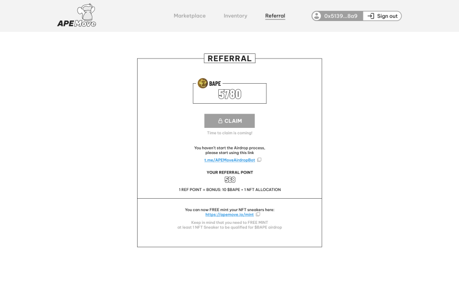 Let's go REFER 🎁🎁
t.me/APEMoveAirdrop…

👨‍👩‍👧 1 Ref point = Bonus: 10 $BAPE + 1 NFT allocation

✅Earn $BAPE for every share

✅Official Dashboard on Website to check user's $BAPE balance

✅Claimable on our Website

#APEmove #APE #BAYC #MoveToEarn #FreeMints
