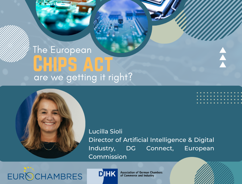 Eurochambres's tweet photo. #ChipsAct event: @LucillaSioli from @DigitalEU said that in order for the EU not to lose more share in global chip production, more investment is needed. €43 billion is earmarked across the chip #supplychain. @EU_Commission expects to reach 20% global production share by 2030. https://t.co/IU83T1OdjH