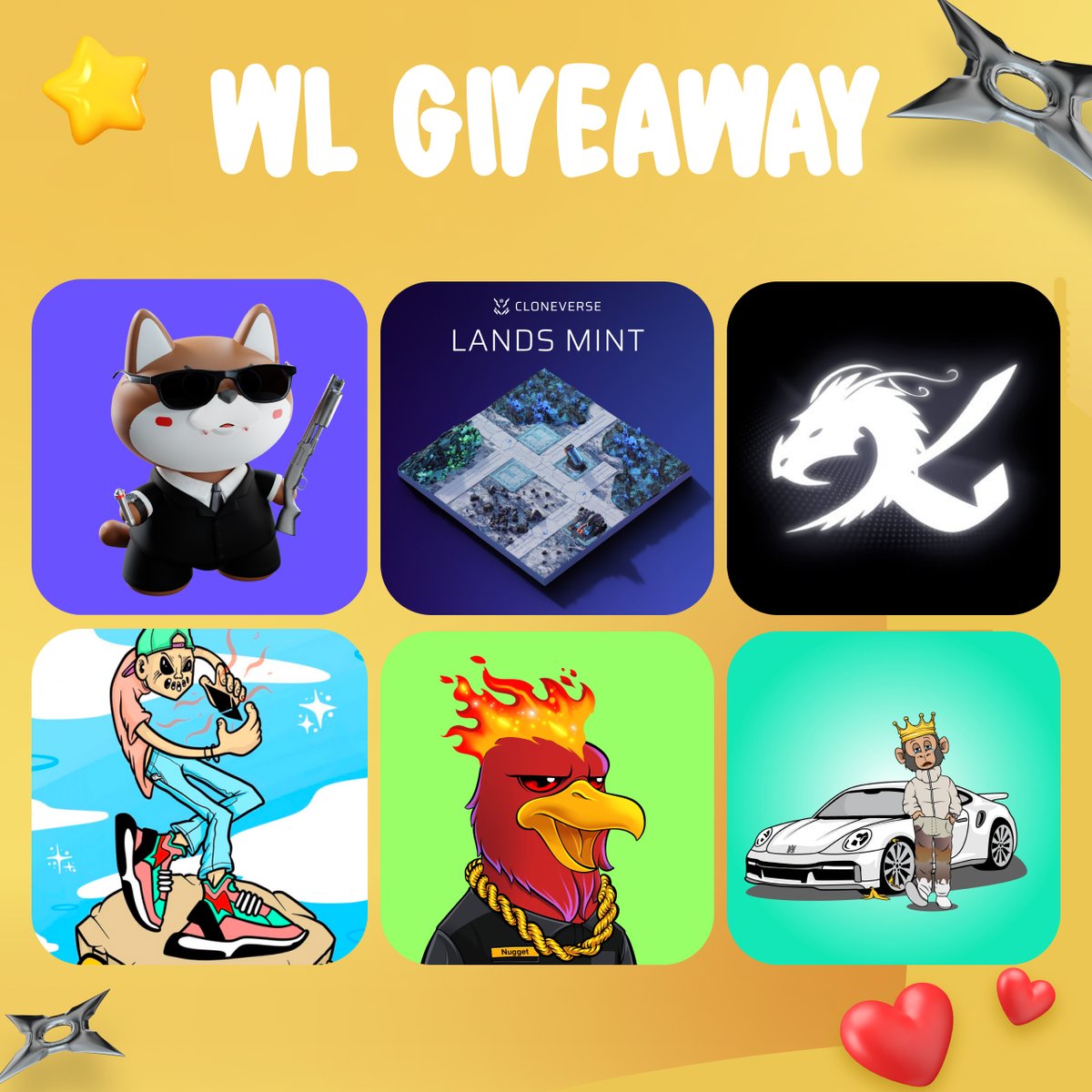 🎁MEGA #WLGiveaway🎁

<a href="/shibacademy_nft/">ShibAcademy NFT | FREEMINT</a> 
<a href="/Cloneverse_NFT/">Cloneverse</a>
<a href="/Crackheths/">The Crack HETH$🖕</a> 
<a href="/KirinMV/">Kirin</a> 
<a href="/chickens_now/">🐔 Crypto Chickens 🐔</a> 
@ApeMotorClub 

✅To enter:
1️⃣Follow ALL &amp; me
2️⃣RT &amp; ❤️ &amp; Tag friends
3️⃣Fill the form (link in bio)
4️⃣Join discord (link in bio)

#NFTGiveaway #NFTcommunity