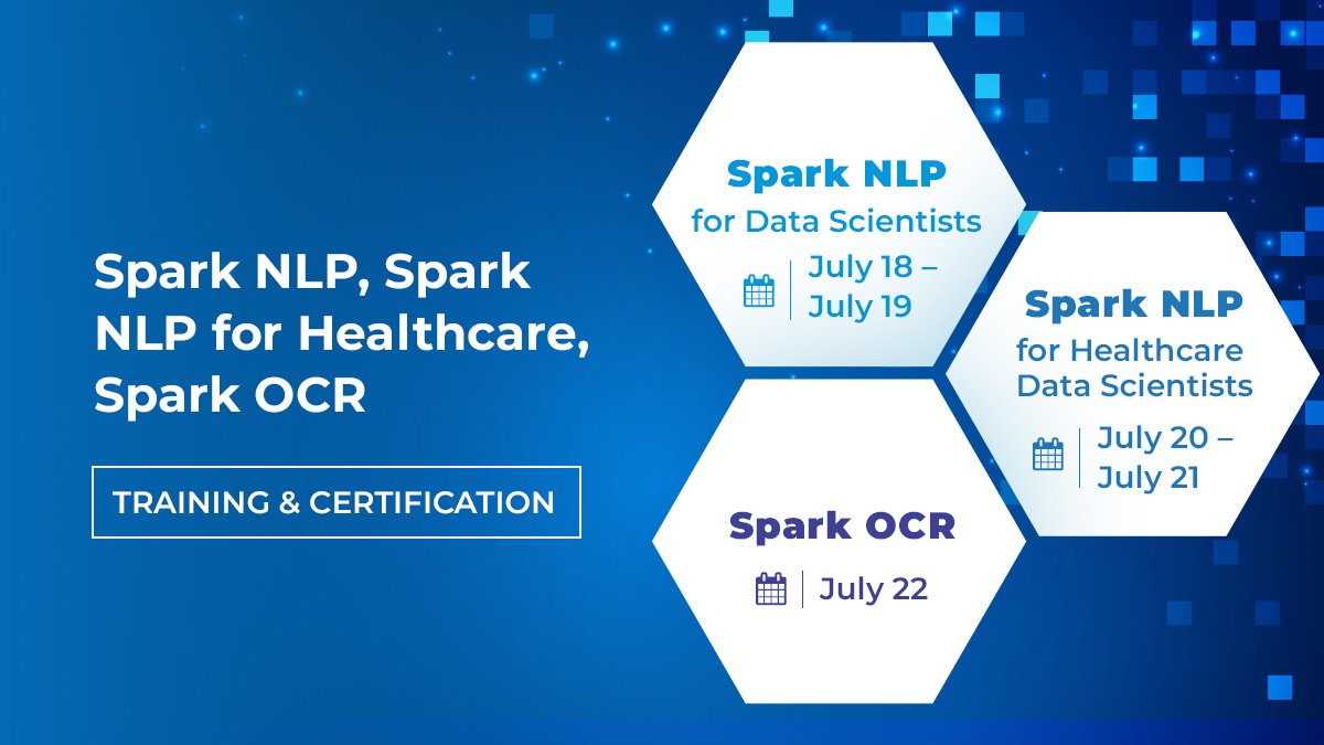 JohnSnowLabs's tweet image. Don’t miss our upcoming #SparkNLP, Spark NLP for Healthcare and #SparkOCR training in July
Spark NLP for Data Scientists July 18 – July 19
Spark NLP for Healthcare Data Scientist July 20 – July 21
Spark OCR July 22
Learn more and register: hubs.li/Q01g78bN0