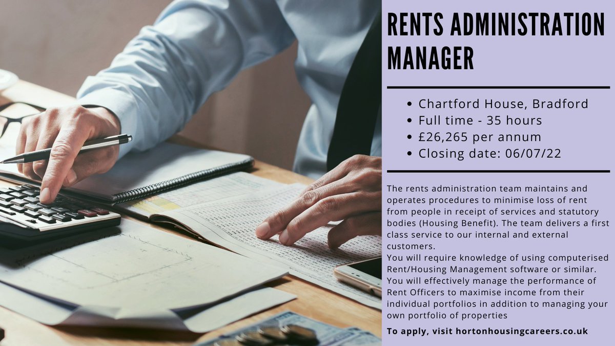 🚨 Are you looking for a new job opportunity? 

We are recruiting for a Rents Administration Manager based at our head office in Bradford.

For more information or to apply, visit ow.ly/lvvU50JOrU6

Closing date for applications is 6 July at midnight
#BradfordJobs