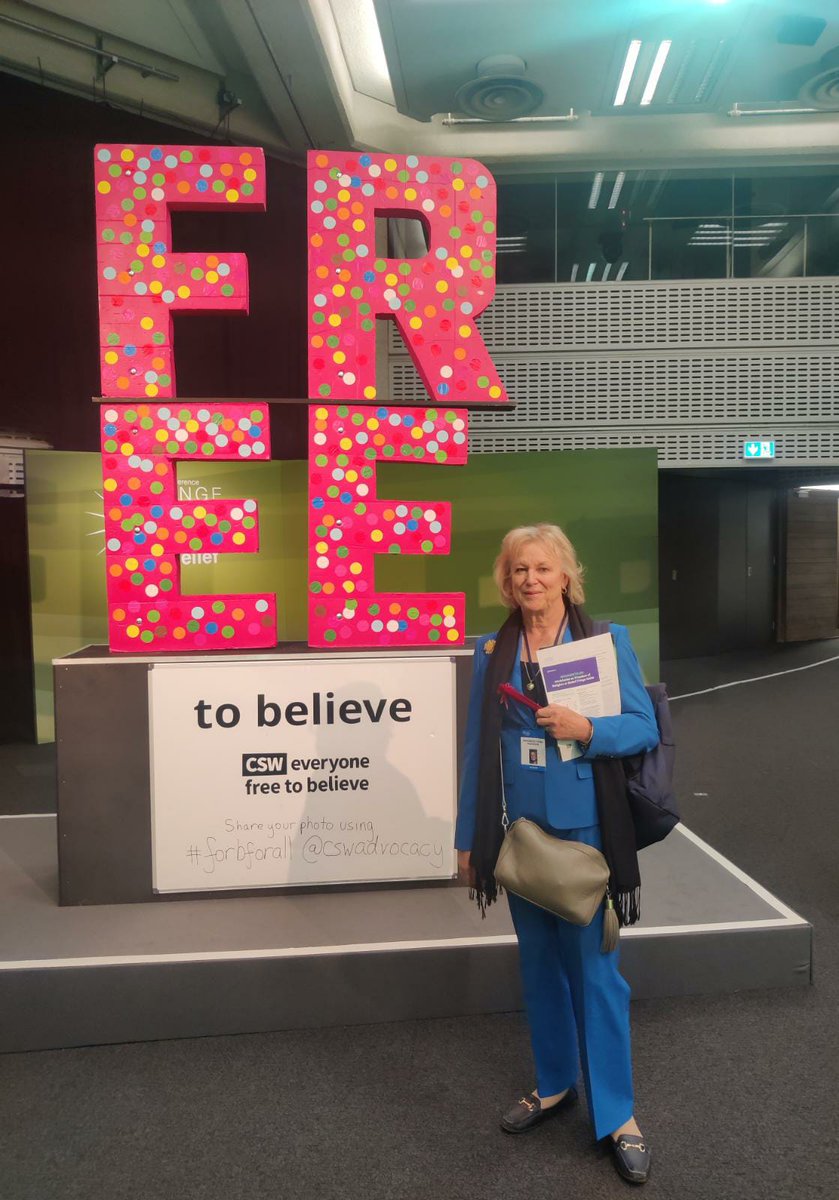 Thank you Baroness Hodgson @HodgsonFiona for showing your commitment to #FoRBForAll at CSW's Free to Believe sculpture at the #FoRBConference today. @CSWadvocacy