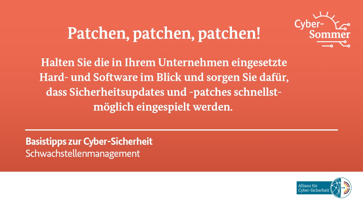 CyberAllianz's tweet photo. Schieben Sie #Sicherheitsupdates und –patches nicht lange vor sich her!
Ist die #Software auf dem neuesten Stand, sinkt das Risiko eines erfolgreichen #Cyber-Angriffs signifikant.

#CyberSommer #DeutschlandDigitalSicherBSI https://t.co/hVzBpDIVyt