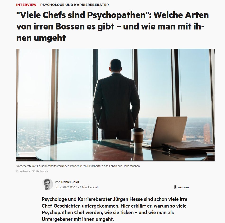 hesseschrader's tweet photo. Ein Großteil der irren Chefs im Buch ist männlich. Das führt zur Frage: Liegt es daran, dass es mehr von ihnen gibt, oder sind Chefs eher Psychopathen als Chefinnen?

Eine von vielen spannenden Fragen aus dem Stern Interview mit Jürgen Hesse zu "Mein Chef ist irre, Ihrer auch?" https://t.co/jDD3zQ1xNB