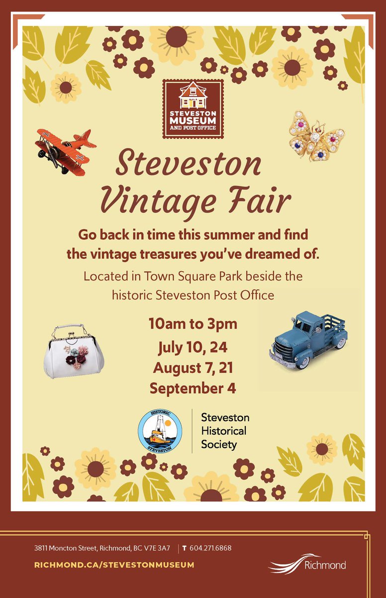 StevestonHS's tweet photo. Find old things new at the Steveston Vintage Fair! Go back in time this summer and find the vintage treasures you’ve dreamed of. Come browse alternating Sundays from 10am to 3pm:
July 10, 24
August 7, 21
September 4
Located in Town Square Park beside the historic Steveston Museum https://t.co/nig8JDGlEi