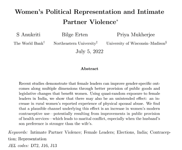 New week, new paper😀- joint work with <a href="/BilgeErten/">Bilge Erten</a> &amp; <a href="/p_mukherj/">Priya Mukherjee</a>. We show that exposure to female leaders in state assemblies in India can have an unintended effect: an⬆️in rural women’s reported experience of physical spousal abuse.
<a href="/wb_research/">World Bank Research</a> <a href="/iza_bonn/">IZA</a>
tinyurl.com/576h4mtz