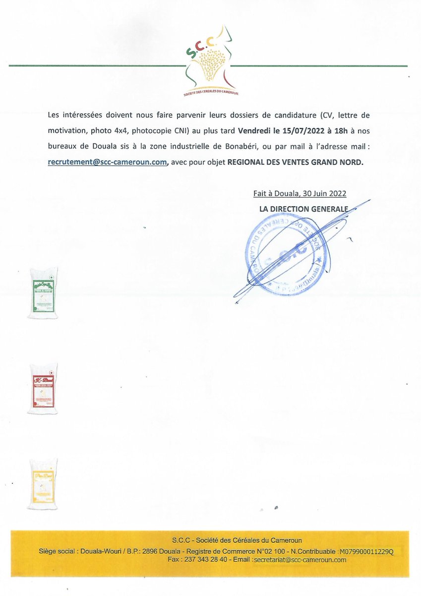 groupekadji's tweet image. SCC - Offre d&apos;emploi : Régional de ventes (H/F)
Pour postuler : recrutement@scc-cameroun.com
Date limite de recevabilité des candidatures : 15/07/2022
Préciser le poste en objet.
 #SCC #KADJIGROUP #REGIONAL #ventes  #sales  #Manager   #recrutements