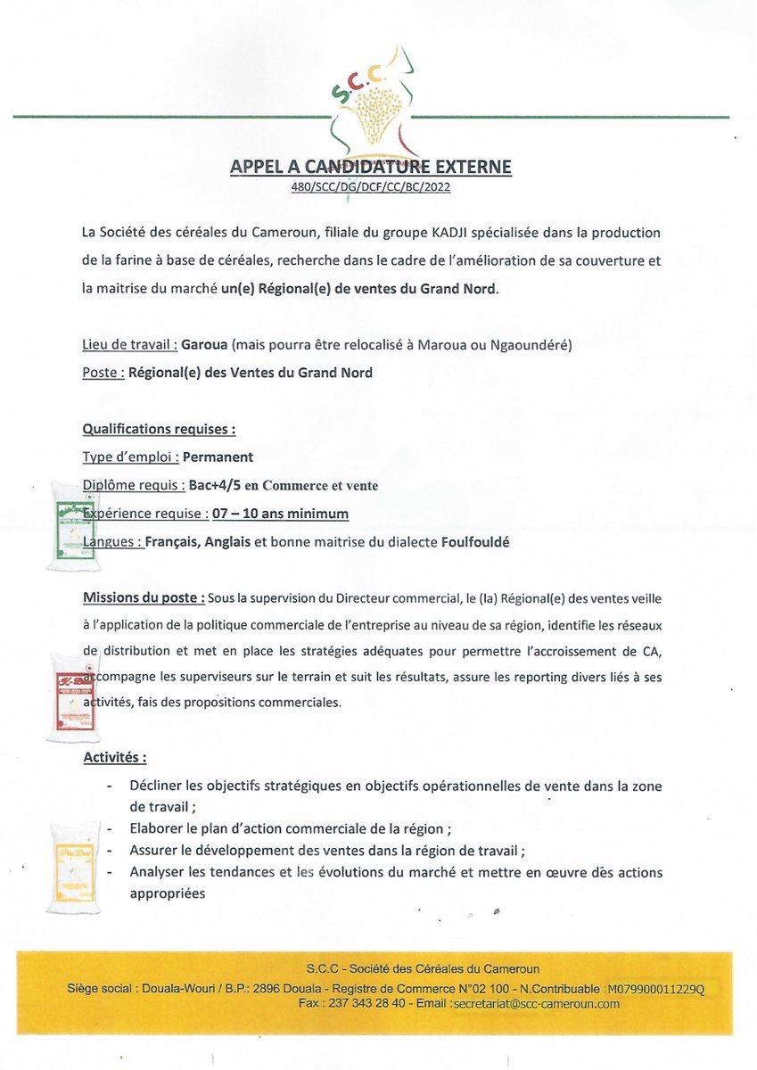 groupekadji's tweet image. SCC - Offre d&apos;emploi : Régional de ventes (H/F)
Pour postuler : recrutement@scc-cameroun.com
Date limite de recevabilité des candidatures : 15/07/2022
Préciser le poste en objet.
 #SCC #KADJIGROUP #REGIONAL #ventes  #sales  #Manager   #recrutements