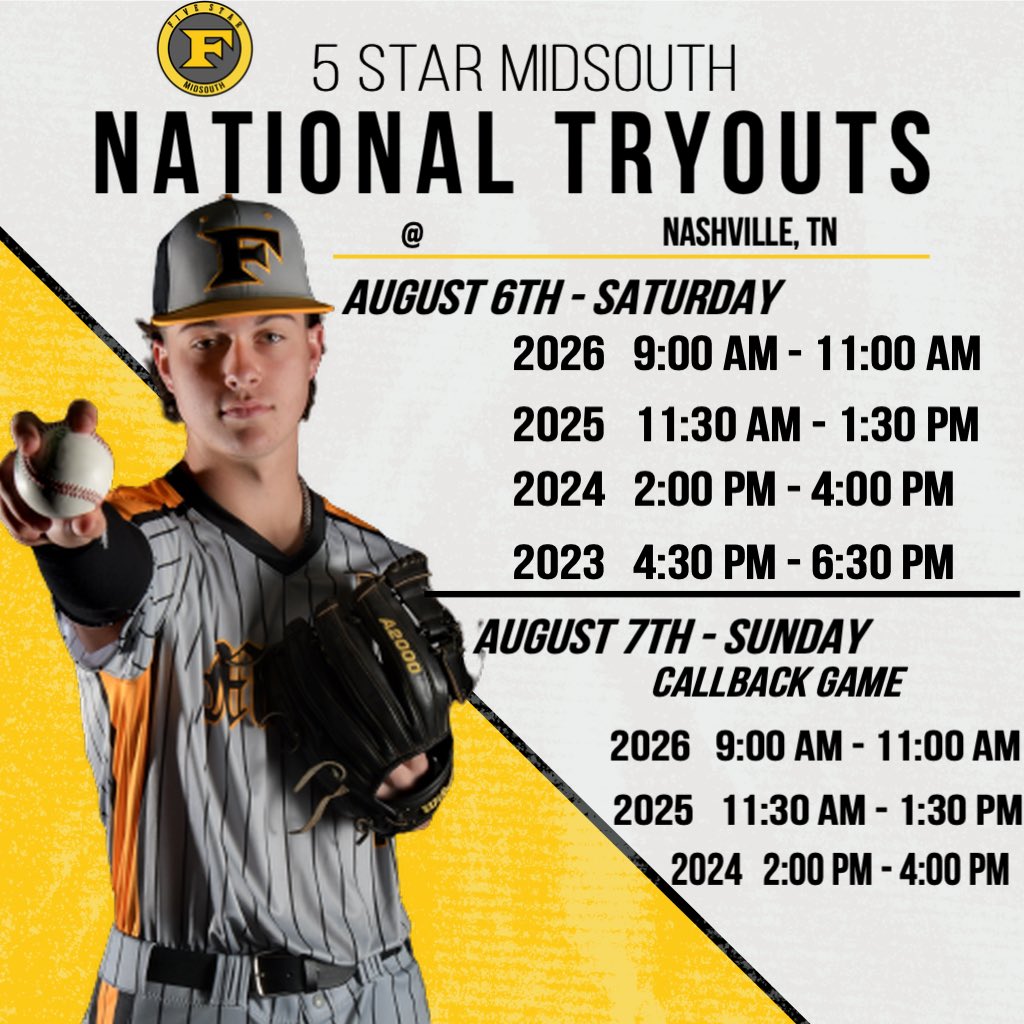 SAVE THE DATES 🔥🔥

Tryouts Announced for 13U-18U! 

Click the attached links to register with the Midsouth region!

📌 FALL/SUMMER 2022-2023

July 30th &amp; July 31st 

13U (2028) - 14U (2027)

bit.ly/5starmidsouth1…

August 6th &amp; August 7th

2023 - 2026

bit.ly/5starmidsouth2…