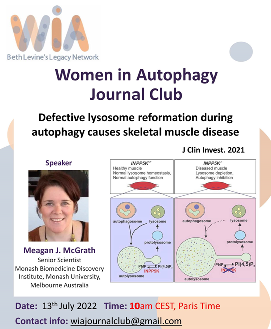 WAutophagy's tweet photo. #JCAlert Our Journal Club this month will be next Wednesday, 13th of July at 10 am CEST by @MeaganMcGrath2 presenting a wonderful work about defective lysosome during autophagy and skeletal muscle diseases published at @jclinicalinvest #JoinUS contacting: wiajournalclub@gmail.com https://t.co/puN7nDd3Aw
