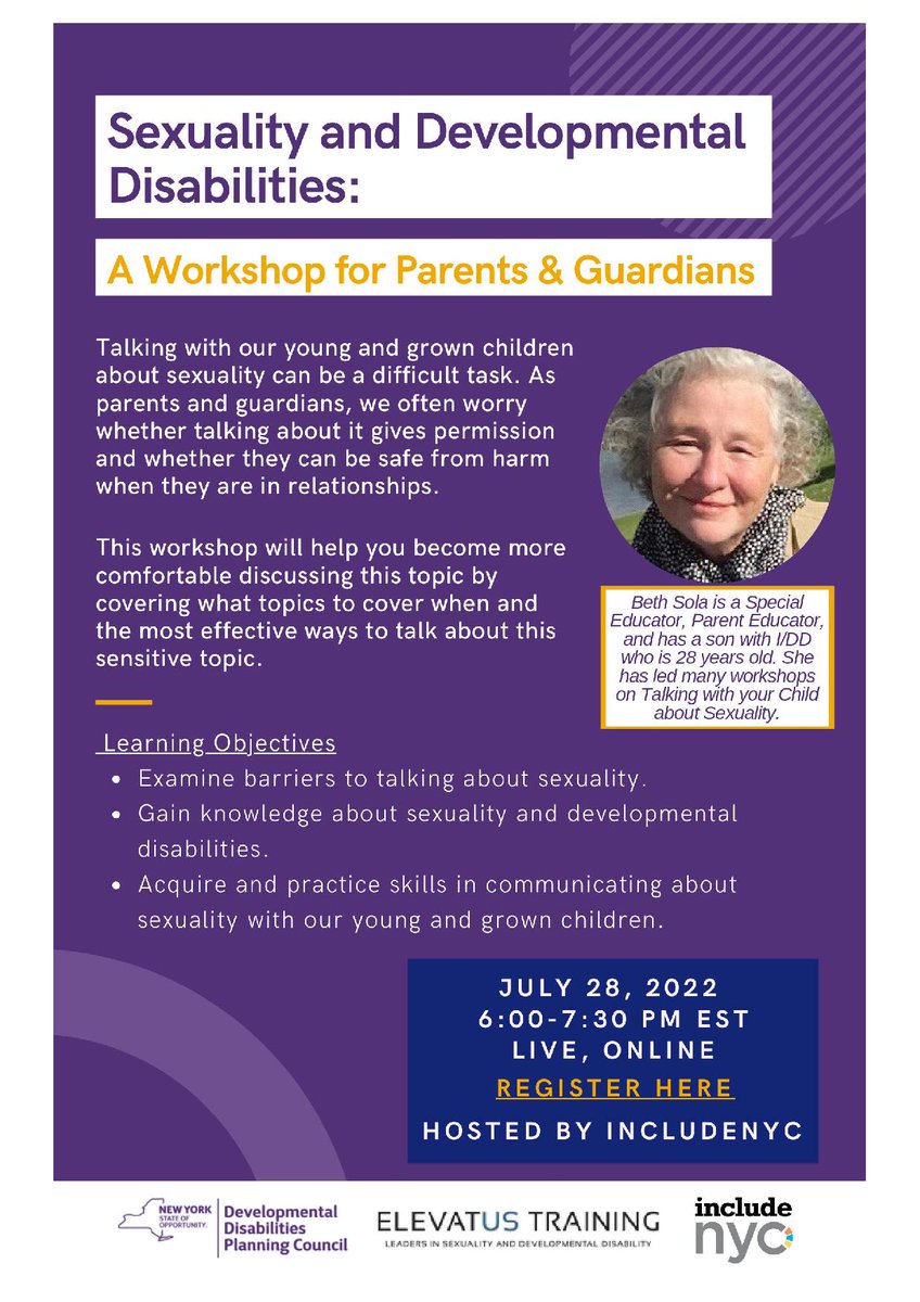Sexuality and Developmental Disabilities: A Workshop for Parents &amp; Guardians hosted by IncludeNYC

Workshop is on July 28 from 6:00pm - 7:30pm EST live online

Register here: tinyurl.com/bdtkxzfd