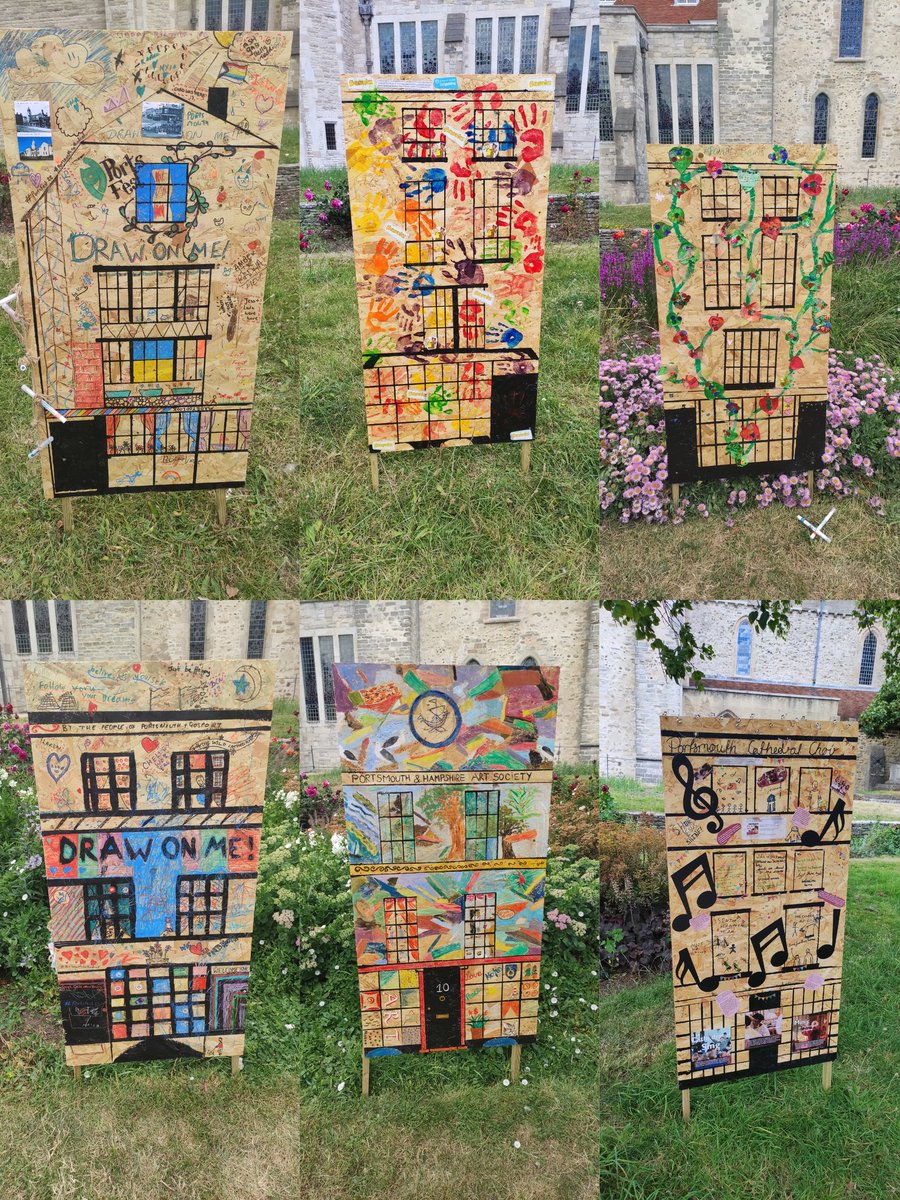 The final product of <a href="/PortsmouthCath/">Portsmouth Cathedral ☩</a> community art installation for <a href="/PortsFest/">Ports Fest</a>. These all started as outlines of buildings that once surrounded the Cathedral, &amp; ended as bright &amp; colour works of art! Reigniting the fun of drawing and doodling #Portsmouth #portsmouthcathedral #art