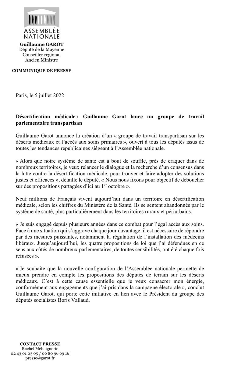 Déserts médicaux : je prends l’initiative, avec <a href="/BorisVallaud/">Boris VALLAUD</a>, de créer à l’Assemblée un groupe de travail transpartisan. 
Objectif : déboucher sur des propositions partagées d’ici le 1er octobre, et faire adopter dès que possible des solutions justes et efficaces.