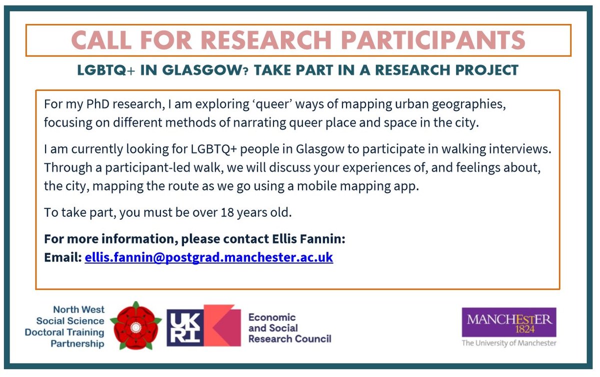 CALL FOR PARTICIPANTS

I'm looking to walk, talk, and map with queer people in Glasgow.

My project seeks to play with mapping queer urban space in ways that focus on feelings, rhythms, movements, and moments.

If you would like to take part please get in touch! &amp; Please RT!🗺️