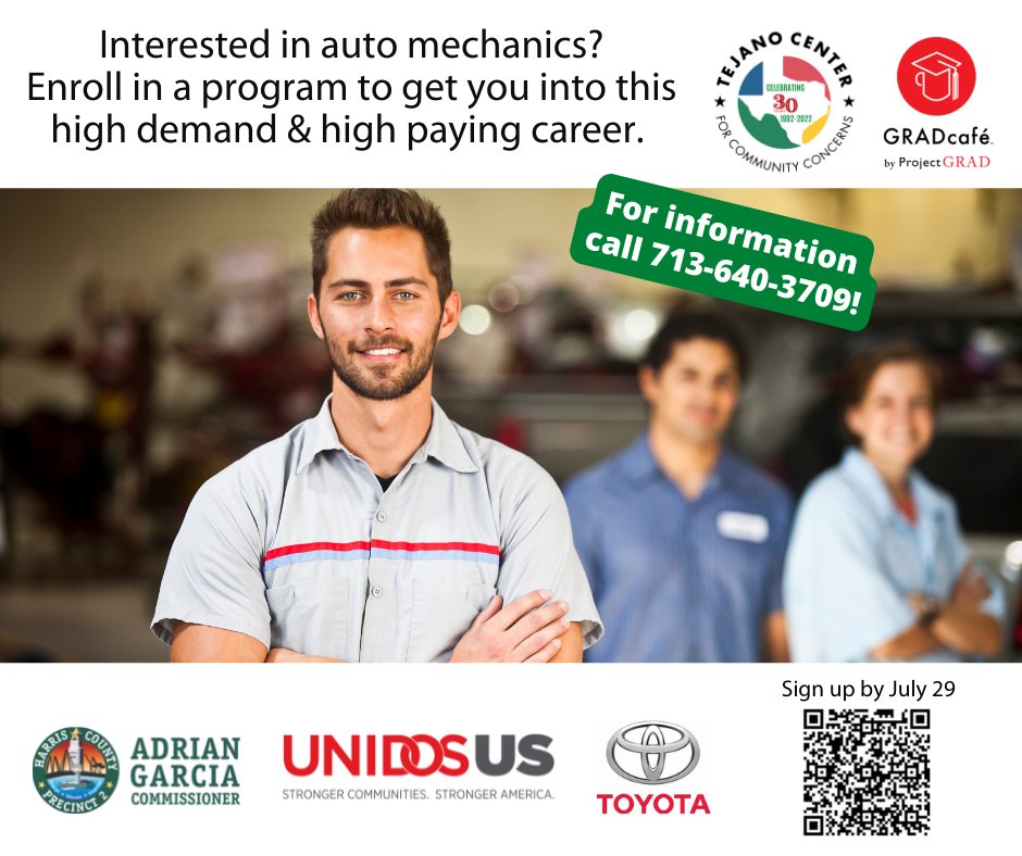 TOYOTA is looking to hire Latino dealer technicians with strong interpersonal skills &amp; mechanics that are well-prepared. 

We can help you get ready &amp; get started. For info &amp; to learn about the paid automotive internships, call 713-640-3709. Signup today! bit.ly/GRADauto