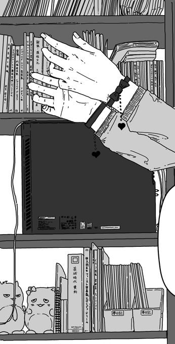 イベント当日は熱烈な感想も頂きましてありがとうございました。
シメのシーンの背景の本のタイトルは、同人誌ではトーンで潰れてしまっていますが、こうなっていました。6割くらいは実在する本だと思います。 https://t.co/oN6PDgknft 