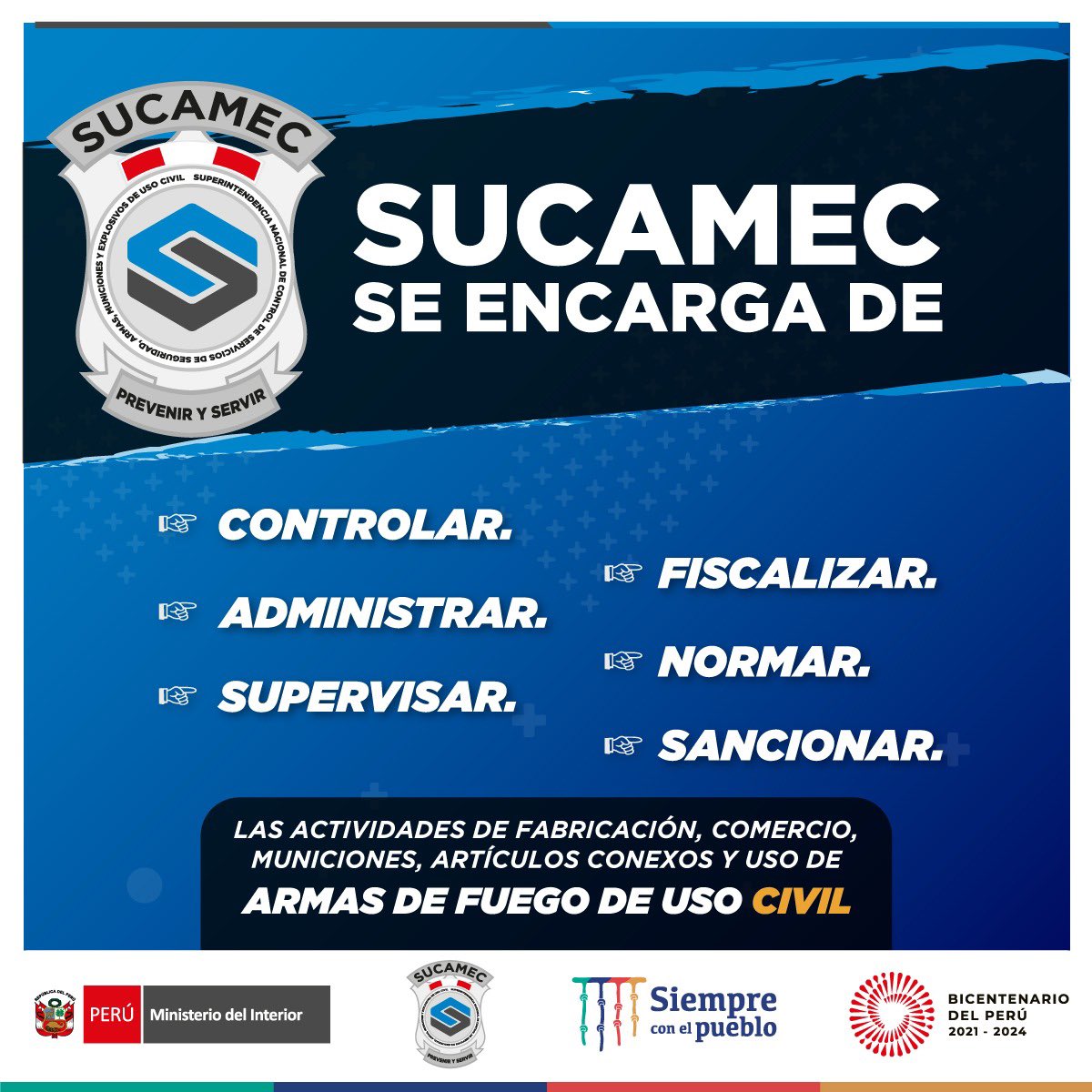 SucamecPeru's tweet photo. #SucamecTeInforma | @SucamecPeru es una entidad encargada de regular y controlar el uso civil de las #ArmasDeFuego, con el firme propósito de contribuir al fortalecimiento de la seguridad ciudadana, orden interno y la paz social del país. 
#PrevenirYServir https://t.co/5jFWcKpCiv