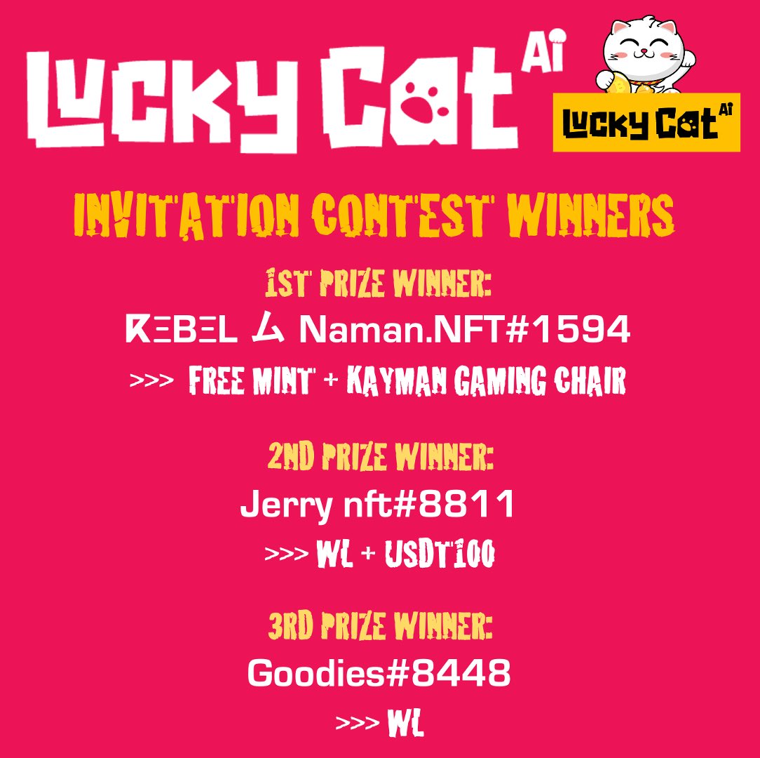 Meow 🐾 Let’s congrats to our first ever invitation contest Top 3 inviter. You guys do it really great and excellent! LFG ! 🍀
You deserve it !

#luckycat 
#lucky #cat #NFTs 
#Giveaway #Murakami 
#Metagenesisfrens #Metaverse
